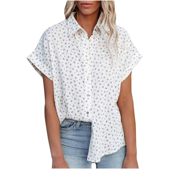 OAVQHLG3B Plus Size Tops for Women Summer Casual Short Sleeve Printed Turndown Collar Button Tops Blouse