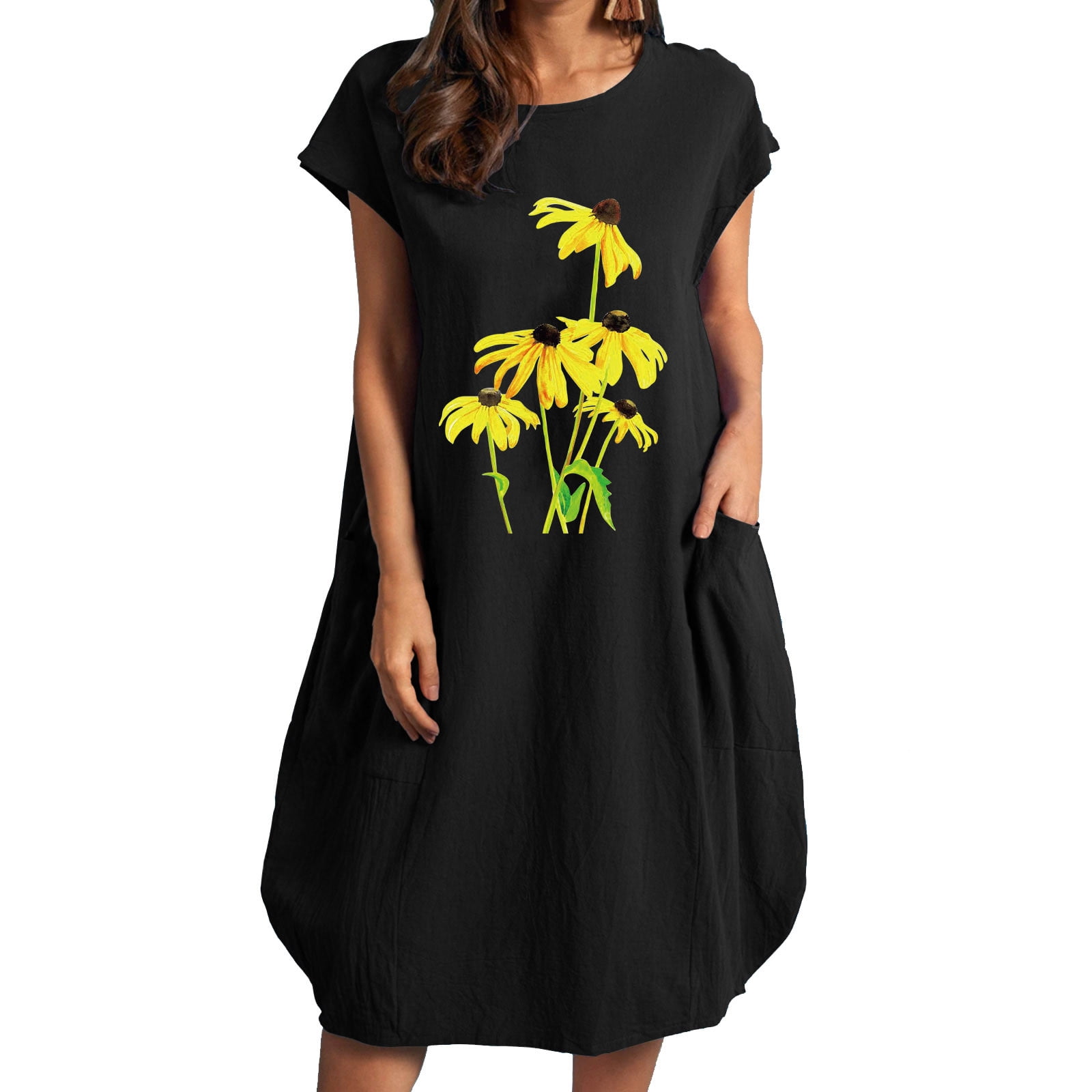 OAVQHLG3B Pocket Crewneck Sunflower Dress for Women Knee-Length Short ...
