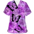 thumbnail image 1 of Fancy Scrub_top For Women Working Uniform V-Neck Tshirt Print Short Sleeve Tops Nurses_tunic Workwear Tee With Pockets Purple Large, 1 of 3