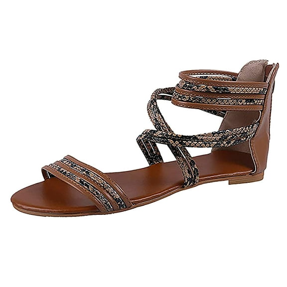 OAVQHLG3B Sandals for Women Flat Korean Bohemian Round Toe Shoe With Roman Zipper