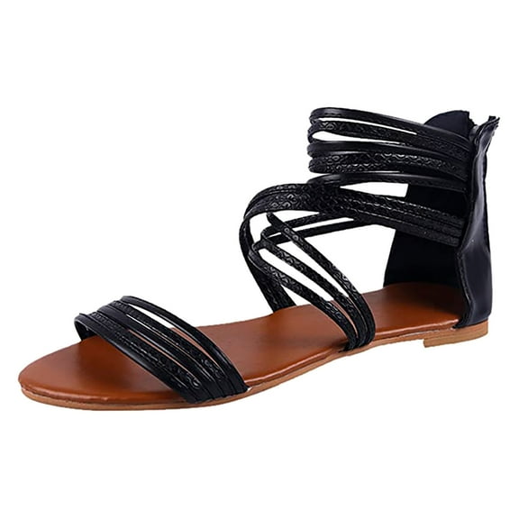 OAVQHLG3B Sandals for Women Flat Korean Bohemian Round Toe Shoe With Roman Zipper