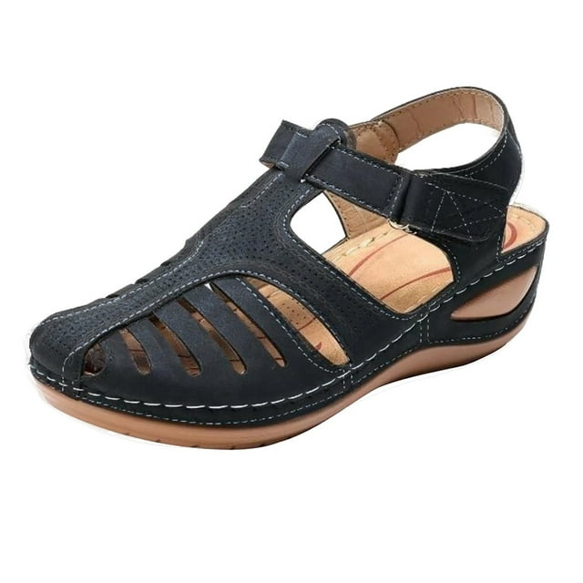 OAVQHLG3B Sandals for Women Clearance Soft Leather Closed Toe Vintage ...