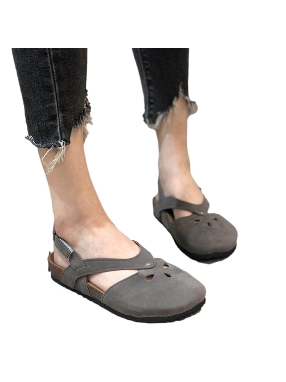 Sandals for Women Under $10 Summer Round-toe Frosted Suede Flat Solid Color Buckle Backspace Casual Sandals