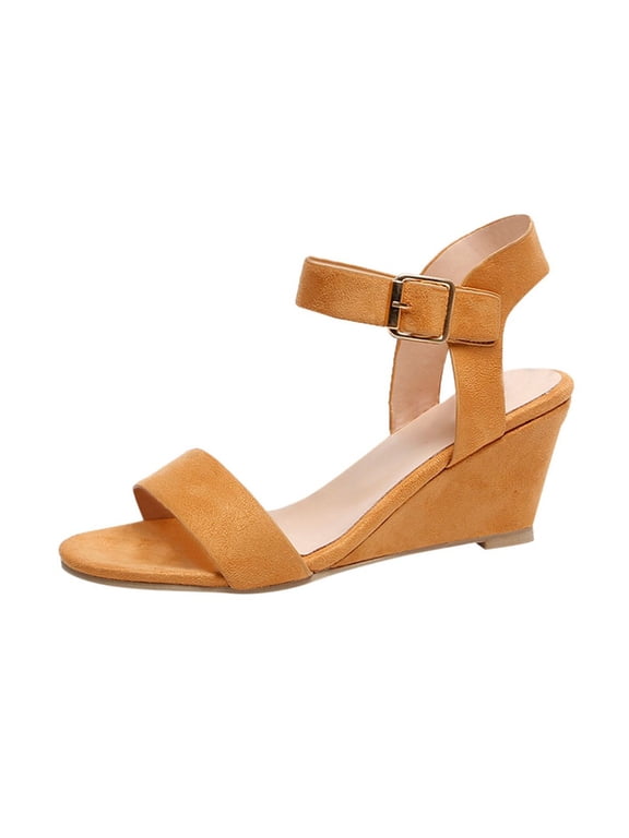 Sandals for Women Clearance Women's Solid Color Round Toe Wedge Heel Buckle Suede Low Top Sandals Shoes