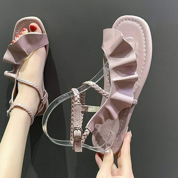 OAVQHLG3B Sandals for Women Under $10 Women Summer Casual Shoes Solid Color Ruffle Low Heel Buckle Open Toe Sandals