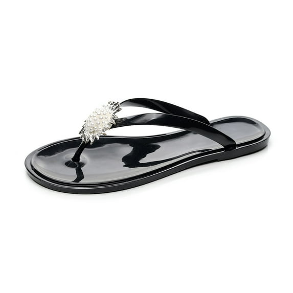 OAVQHLG3B Sandals for Women Women's Summer Jeweled Rhinestone T-Strap Flat Sandals Beach Flip Flop Shoes