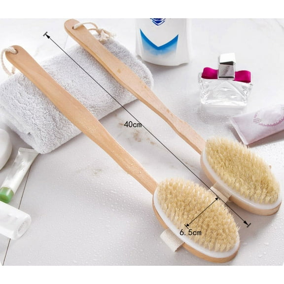 OAVQHLG3B Shower Brush with Natural Bristle - Long Bamboo Handle Bath Body Brush for Wet or Dry Brushing - Improves Blood Circulation, Exfoliating Skin