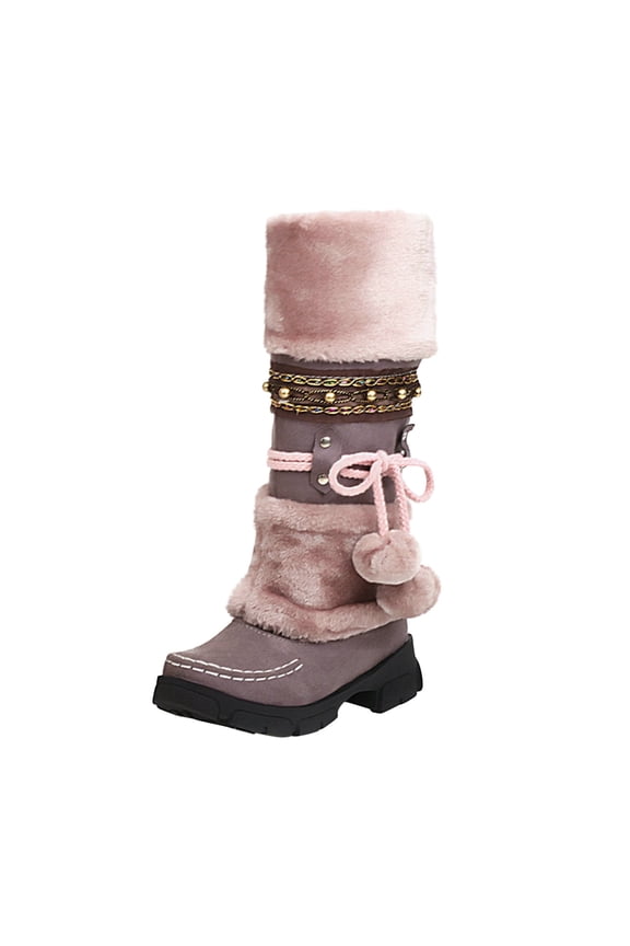 Snow Boots for Women, Women Boots Slip-on Snow Boots Velvet Cotton Boots Warm Solid Cotton Shoes Plush Ball Ethnic Knight Boots
