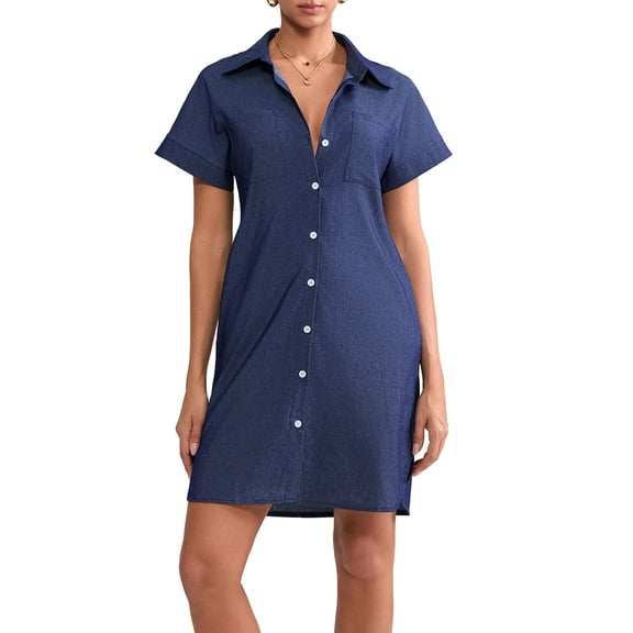 OAVQHLG3B Summer Denim Shirt Dresses for Womens Short Sleeve Loose Jean Midi Dress Button Down Casual Shift Dress Tunic Top