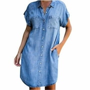 OAVQHLG3B Summer Denim Shirt Dresses for Womens Short Sleeve Loose Jean Midi Dress Button Down Casual Shift Dress Tunic Top