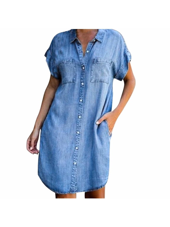 Summer Denim Shirt Dresses for Womens Short Sleeve Loose Jean Midi Dress Button Down Casual Shift Dress Tunic Top