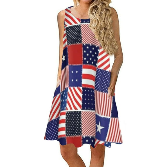 OAVQHLG3B Summer Dress for Women 4th of July Outfits for Women Independent O-Neck Short-sleeved Dress Digital Printing Loose A-line Skirt