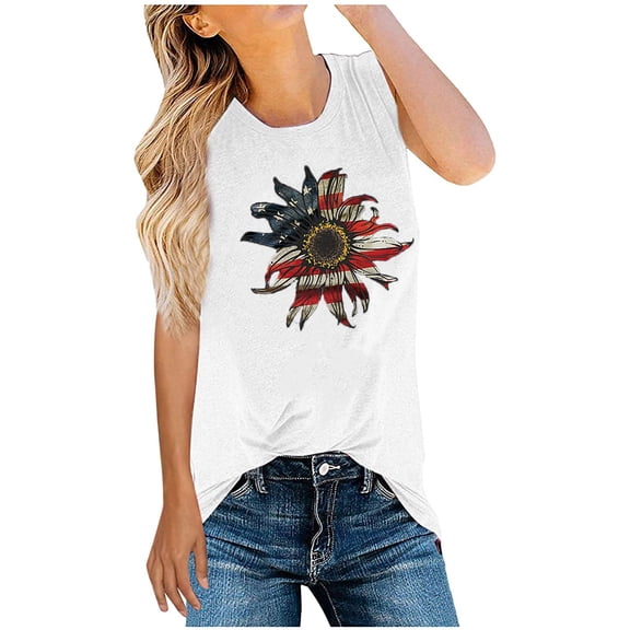 OAVQHLG3B Summer Tank Top for Women 4th of July Outfits for Women American Flag Sunflower Printed Casual Summer Tank Tops Blouse