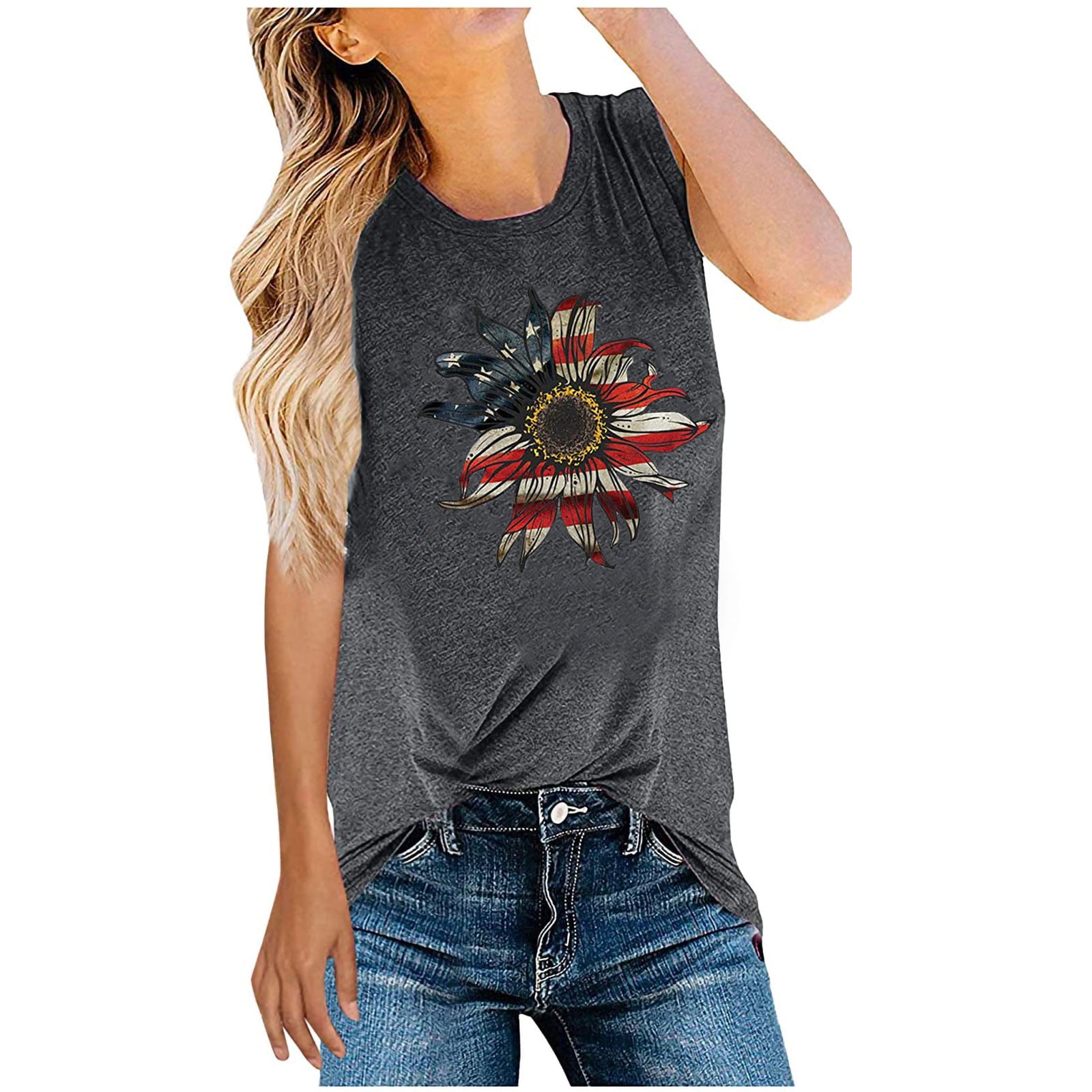 Women's Sunflower Graphic Tank Top - Loose Sleeveless Summer Top, Round Neck, Colorful Flower Print - View #3