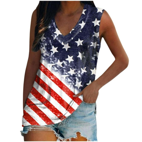 OAVQHLG3B Summer Tops for Women 4th of July Outfits for Women Patriotic ShirtsFashion Women's Casual Independence Day Printed Round-Neck Sleeveless Pullover Tops Blouse T-shirt