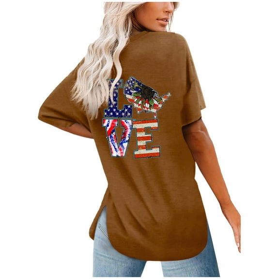 OAVQHLG3B Summer Tops for Women 4th of July Outfits for Women Patriotic ShirtsWomen's Casual Fashion Summer Round-Neck Slit T-Shirt Printed Loose Short Sleeve Tops Blouse