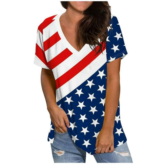 OAVQHLG3B Summer Tops for Women 4th of July Outfits for Women Patriotic ShirtsWomens Fashion V-Neck Casual Short Sleeve American Flag Printed Tops Blouse