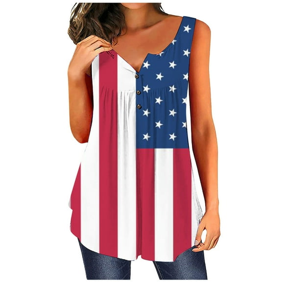 OAVQHLG3B Summer Tops for Women 4th of July Outfits for Women Patriotic ShirtsWomen Printing O-Neck Button Sleeveless Vest Short Tank T-Shirt Blouse Tops