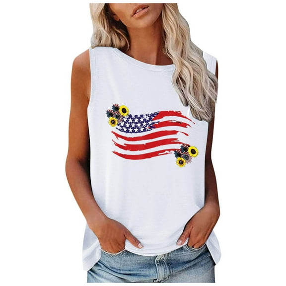 OAVQHLG3B Summer Tops for Women 4th of July Outfits for Women Patriotic ShirtsWomen's Fashion Round Neck Independence Day Printing Sleeveless Tops