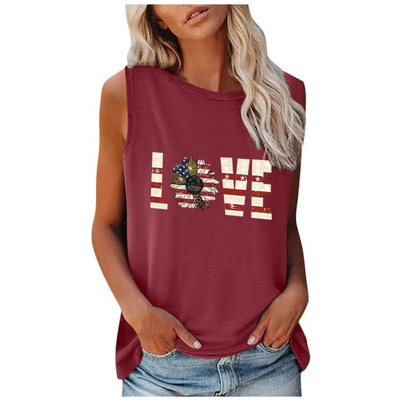 OAVQHLG3B Summer Tops for Women 4th of July Outfits for Women Patriotic ShirtsWomen's Fashion Round Neck Independence Day Printing Sleeveless Tops