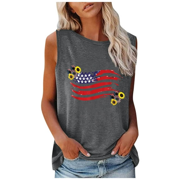 OAVQHLG3B Summer Tops for Women 4th of July Outfits for Women Patriotic ShirtsWomen's Fashion Round Neck Independence Day Printing Sleeveless Tops