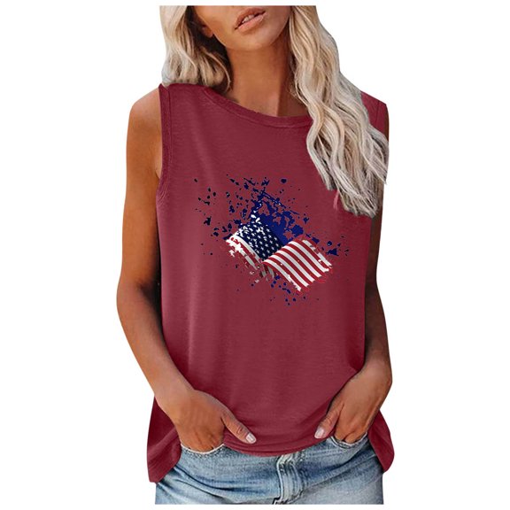 OAVQHLG3B Summer Tops for Women 4th of July Outfits for Women Patriotic ShirtsWomen's Fashion Round Neck Independence Day Printing Sleeveless Tops