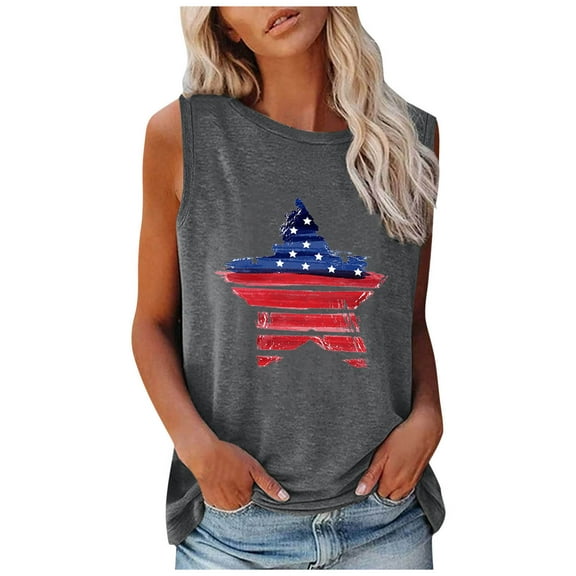 OAVQHLG3B Summer Tops for Women 4th of July Outfits for Women Patriotic ShirtsWomen's Fashion Round Neck Independence Day Printing Sleeveless Tops