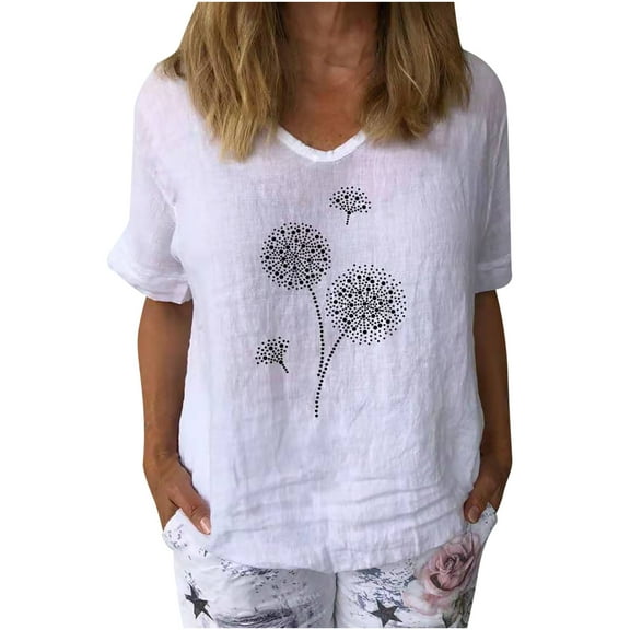 OAVQHLG3B Summer Tops for Women Casual Summer Round Neck Dandelions Printed Tops T-Shirts Casual Short Sleeve Blouse