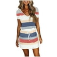 thumbnail image 1 of OAVQHLG3B V Neck Striped Drawstring Dress for Women Spaghetti Dress Swing Sling Strap Dress with Belt Pocket Casual Dress, 1 of 5