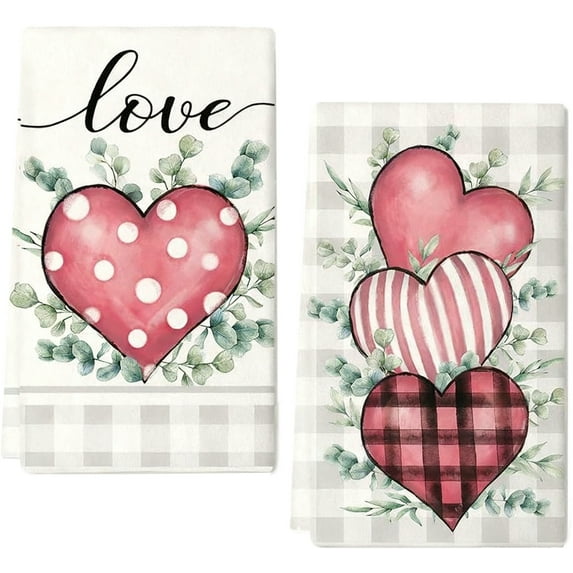 OAVQHLG3B Valentine's Day Hand Towels Set of 2,Heart Love Buffalo Plaid Hand Towels for Bathroom Decorative Soft Absorbent Washcloths for Anniversary Wedding Home Indoor Party 18"x26"