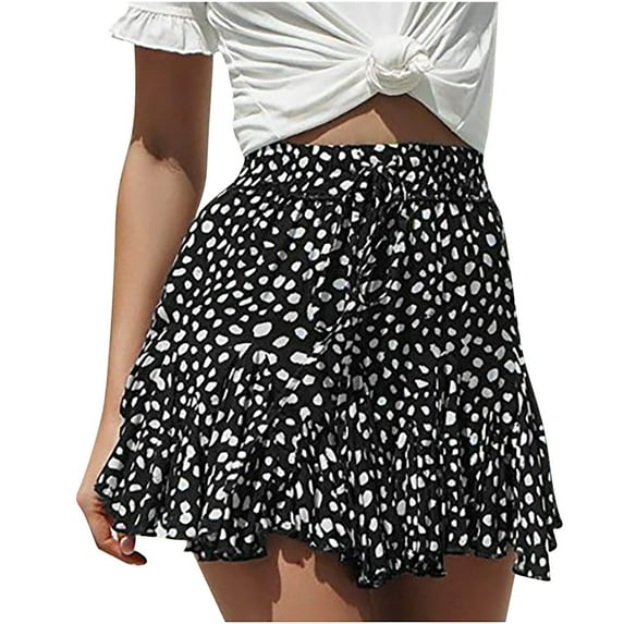 OAVQHLG3B Vintage Women Skirts Solid Color Floral Leopard Polka Dots Print Fashion Casual Bandage Ruched Elastic Waist Skirts
