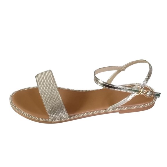 OAVQHLG3B Wome'sn Rhinestone Open Flat Toe Sandals Comfy Summer Casual Shoes Comfortable Beach Sandals
