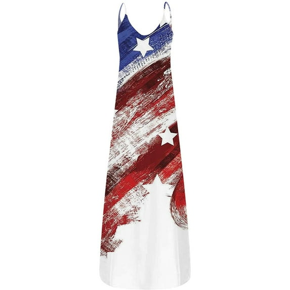 OAVQHLG3B Women's 4th of July American Flag Sleeveless Tank Maxi Dress with Pockets