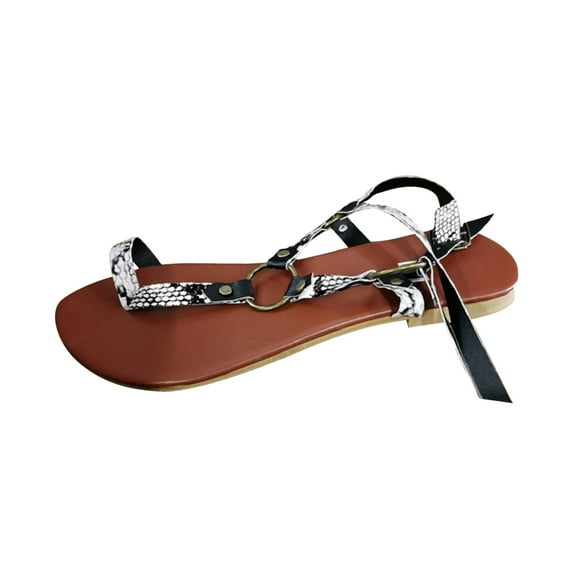 OAVQHLG3B Women's Casual Ankle Strap Set Toe Belt Buckle Snake Print Flat Low Heel Sandals