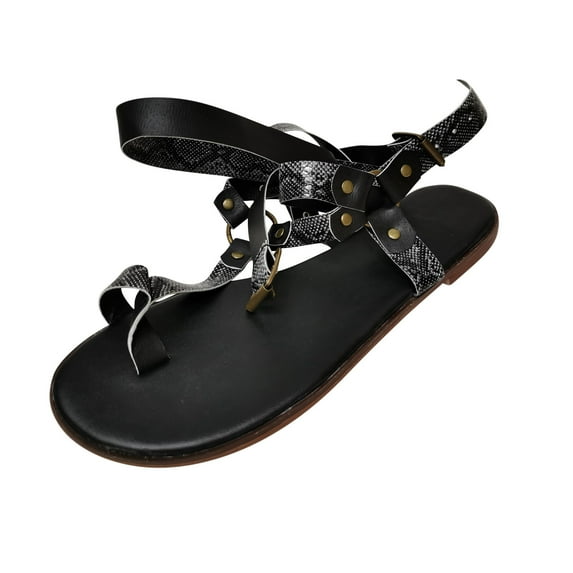 OAVQHLG3B Women's Casual Ankle Strap Set Toe Belt Buckle Snake Print Flat Low Heel Sandals