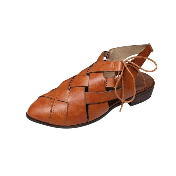 OAVQHLG3B Women's Casual Hollow Side Lace Up Leather Woven Back Low Heel Roman Sandals