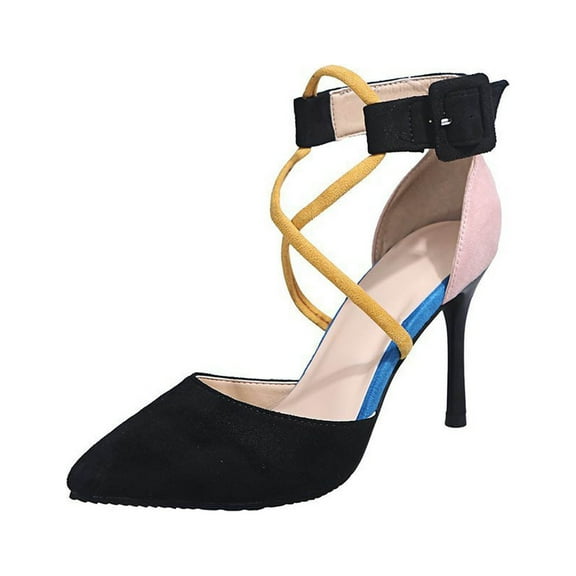 OAVQHLG3B Women's Casual Velvet Bun Head Color Block Strap High Heel Buckle Sandals