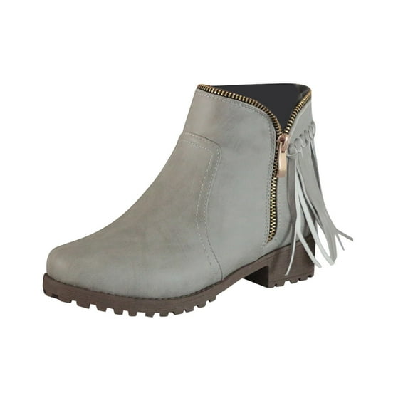 OAVQHLG3B Women's Comfortable Retro Tassel Side Zipper Low Heeled Round Toe Boots