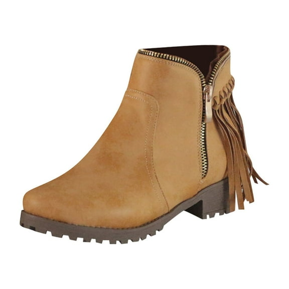 OAVQHLG3B Women's Comfortable Retro Tassel Side Zipper Low Heeled Round Toe Boots