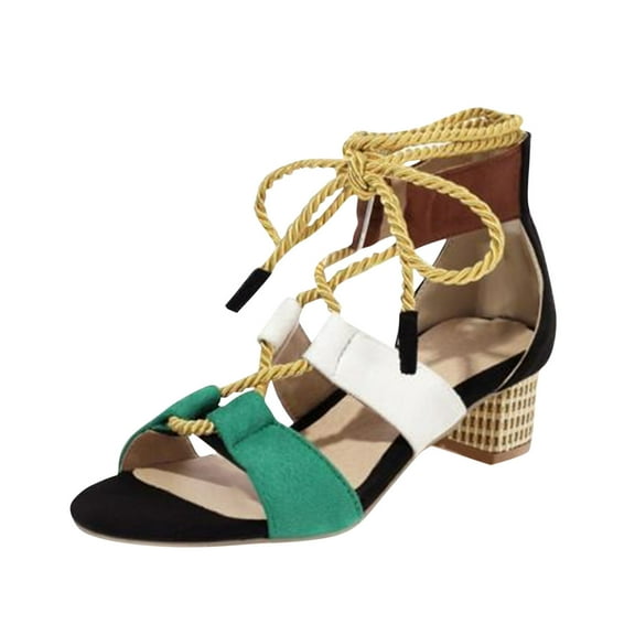 OAVQHLG3B Women's Low Heel Fish Mouth Ankle Strap Color Matching Linen Rope Straps Sandals Shoes