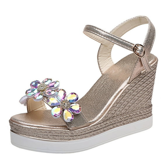 OAVQHLG3B Women's Open Toe Casual Shoes Rhinestone Comfortable Platform Wedge Sandals Shoes