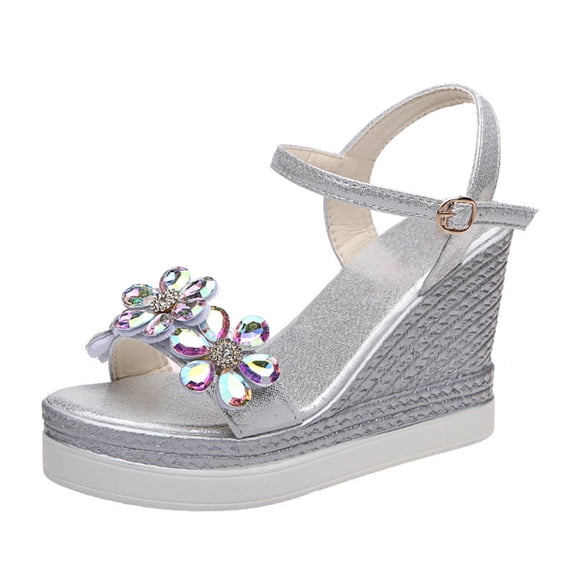 OAVQHLG3B Women's Open Toe Casual Shoes Rhinestone Comfortable Platform Wedge Sandals Shoes