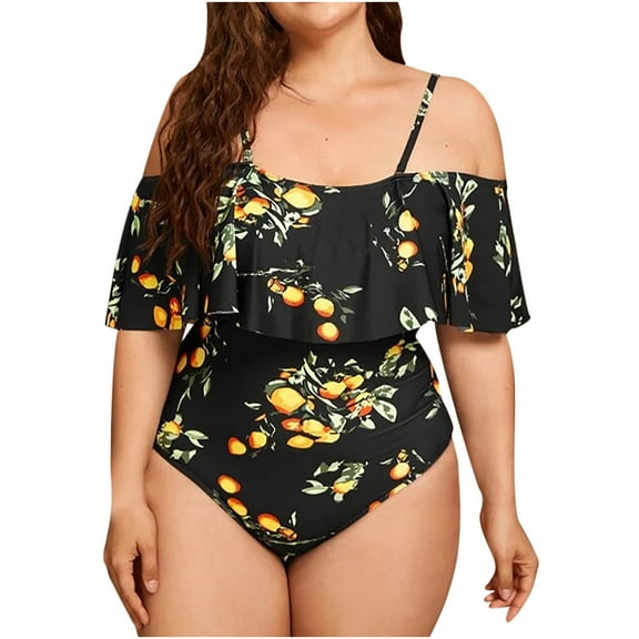 OAVQHLG3B Women's Plus Size Lemon Print Casual Swimsuit Short Sleeve Cold Shoulder Beachwear Swimwear