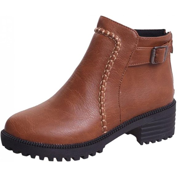 OAVQHLG3B Women's Round Toe Zipper Comfy Casual Shoes Solid Comfortable Middle Chunky Heeled Short Boots Shoes