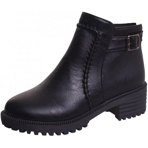 OAVQHLG3B Women's Round Toe Zipper Comfy Casual Shoes Solid Comfortable Middle Chunky Heeled Short Boots Shoes