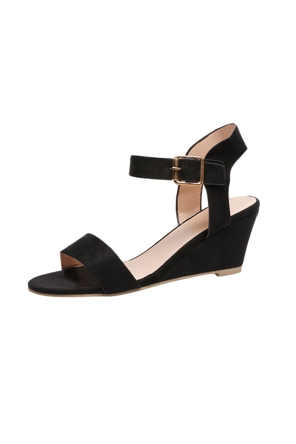 Women's Sandals 2023 Women's Solid Color Round Toe Wedge Heel Buckle Suede Low Top Sandals Shoes