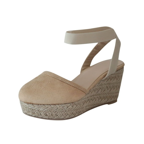 OAVQHLG3B Women's Sandals on Women's Suede Casual Elastic Band Platform Straw Woven Wedge Single Sandals Shoes