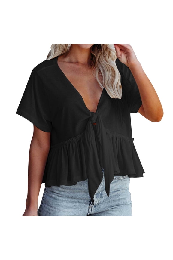 Women's Short Sleeve V Neck Blouses Ruffle Hem Tie Front Crop Tops Lightweight Basic Summer Tops