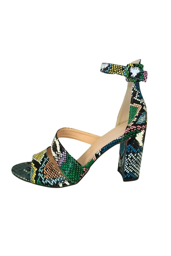Women's Snake Print Peep Toe Fish With Beak Strap And Buckles Round Head And Thick Heels Sandals