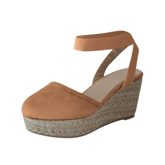 OAVQHLG3B Women's Suede Casual Elastic Band Platform Straw Woven Wedge Single Sandals Shoes